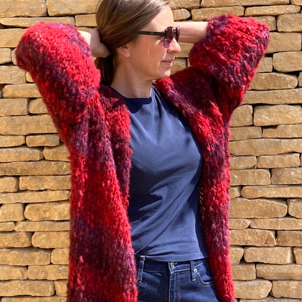 Handmade Cotswolds Boho Hand Knitted Spotted Green Purple Red Mohair Cardigan Balloon Sleeves - size 10/12