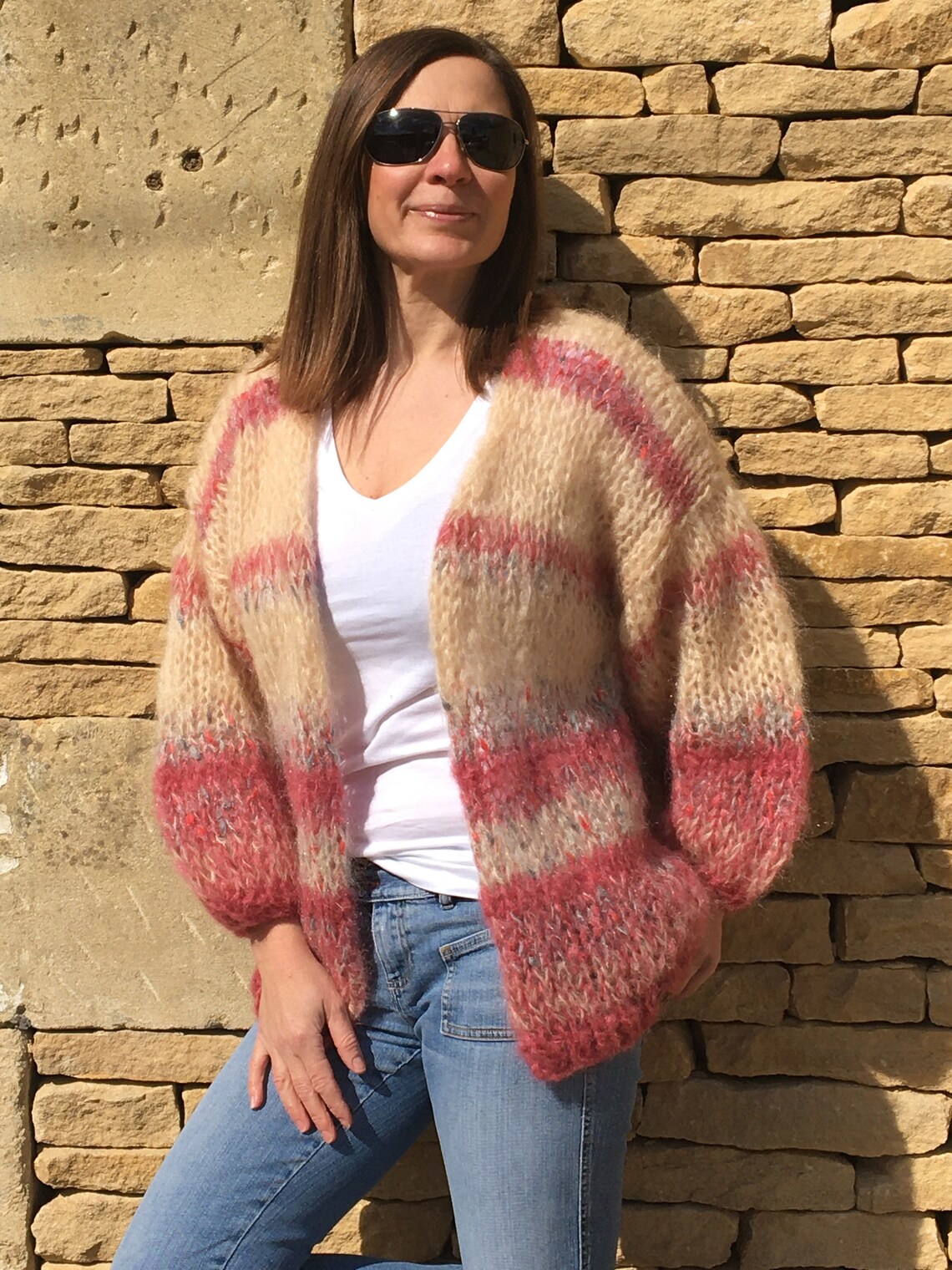 Handmade Cotswolds Hand Knitted Beige and Pink Mohair Cardigan - Etsy