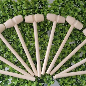 May include: A set of ten wooden mallets with a rounded head and a long handle. The mallets are arranged in a fan shape on a green background.