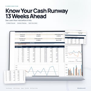 Może przedstawiać: Cyfrowy pulpit nawigacyjny zatytułowany Know Your Cash Runway 13 Weeks Ahead, zawierający tabelę 13-tygodniowego zestawienia, wykresy liniowe i słupkowe śledzące przepływy pieniężne oraz planowanie scenariuszy na ekranie laptopa.