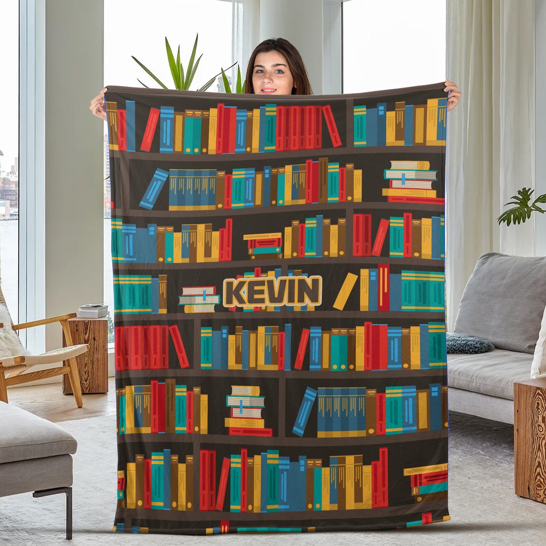 Personalized Book Blanket, Bookshelf Blanket, Custom Name Blankets, Gift for Reading Lover