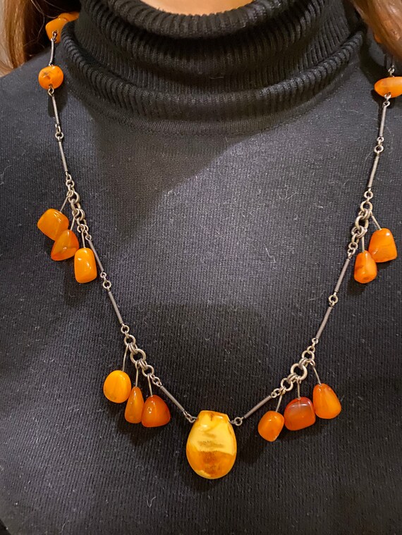 Pendentif Vintage Avec Chaîne En Argent 835 Et Ambre Jaune - Bon état, Occasion - Bijou Ancien Et élégant