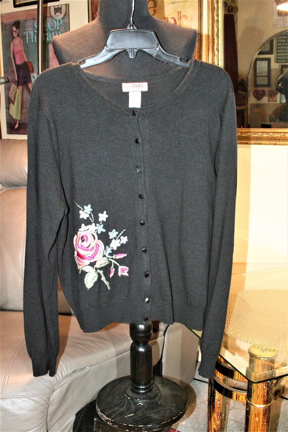 Tiara International Sweater Black with Floral Design Gem