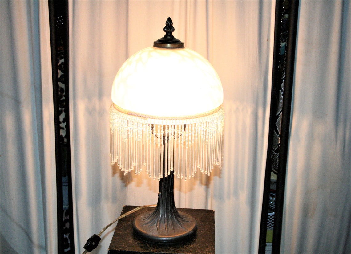 Vintage Frosted Etched Glass Fringe Dome Beaded Shade Lamp Etsy