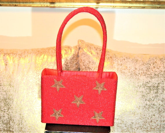 Lynne Jerome Red Beaded Purse with Stars - image 1