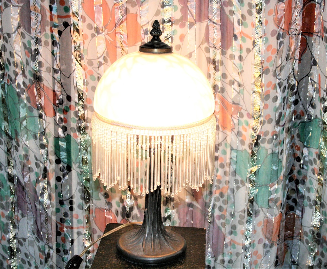 Vintage Frosted Etched Glass Fringe Dome Beaded Shade Lamp Etsy