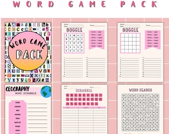 Word Games Pack Printable | Set of 5 Word Games | Boggle | Word Search | Scrabble | Word Scramble | Ice Breaker | for Fun | Instant Download
