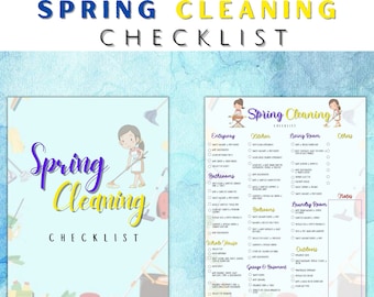 May include: A printable spring cleaning checklist with a cartoon illustration of a person cleaning. The checklist includes categories for hallway, kitchen, living room, bathrooms, laundry room, whole house, outdoors, and garage and basement.