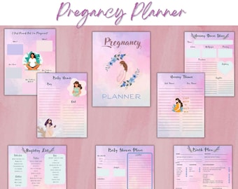 May include: A printable pregnancy planner with watercolor backgrounds and illustrations. The planner includes sections for baby names, registry lists, nursery themes, nursery decor ideas, baby shower plans, and birth plans.