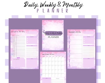 May include: A digital planner with a watercolor background in shades of pink and purple. The planner includes sections for daily, weekly, and monthly planning. The text "Daily, Weekly & Monthly Planner" is at the top of the image. The text "Digital Download" is at the bottom of the image.