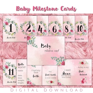 Cartes d'étape mensuelles pour bébé imprimables | Cartes d'étape mensuelles | Petite fille | Jeu de cartes jalons 1-12 mois | Téléchargement instantané