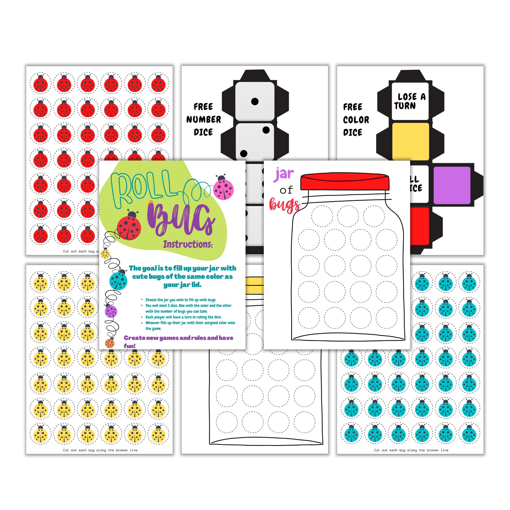 Instant Download Game Insect and Bug Printable Dice Game Roll a Bug