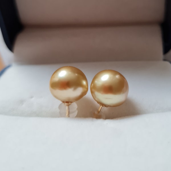 Genuine Myanmar South Sea Golden Pearl Earrings + 18K Gold Setting