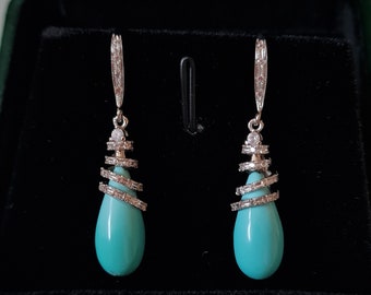 Vintage 14 K white Gold Genuine Natural Turquoise Earrings