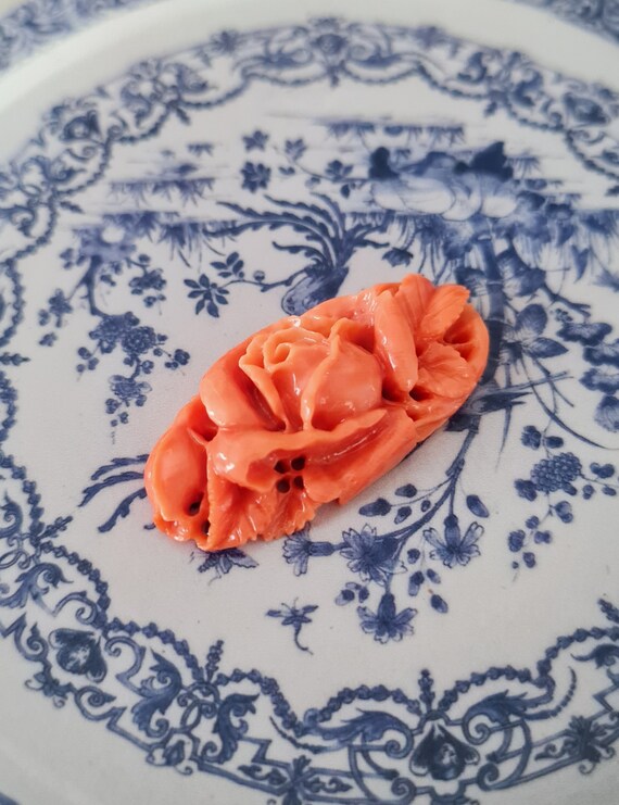 Vintage Japanese Carved Momo Coral Flower for Rin… - image 8