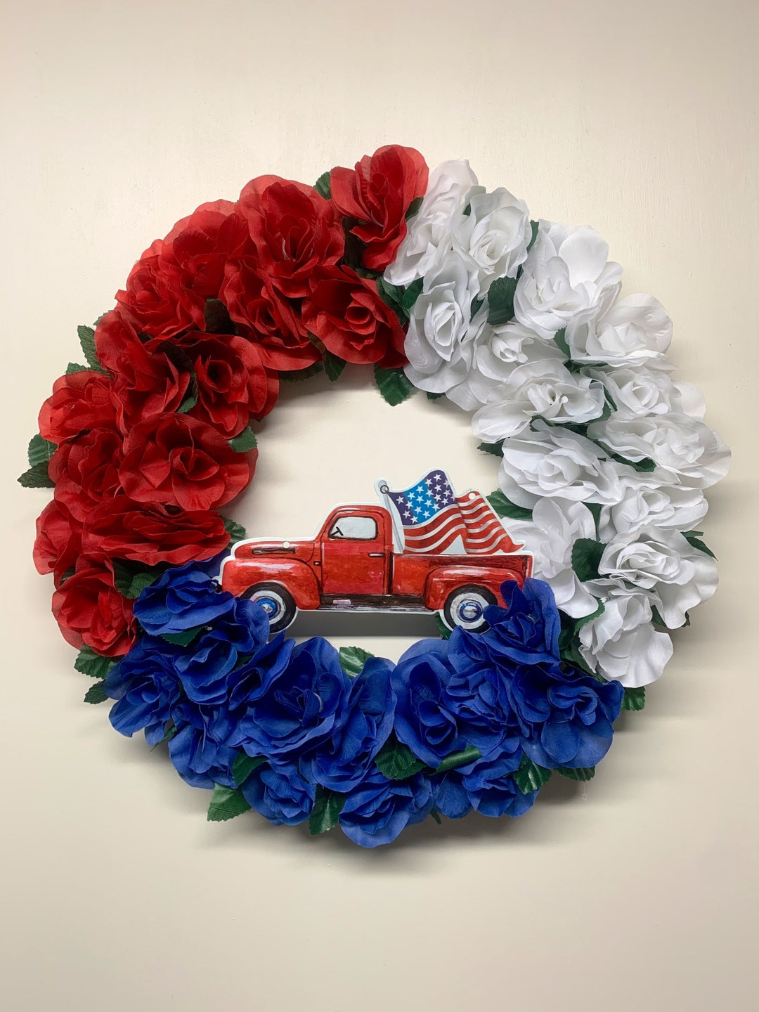 ONE OF A KIND - Red White and Blue Flower Wreath // Fourth of July Rose ...