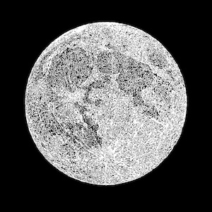 Puede incluir: Una ilustración en blanco y negro de la luna con una textura de superficie detallada.