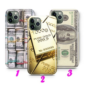 MoNEY DoLLAR GoLD 1 iPhone 11 12 13 14 15 16 Pro / Max / Mini / Plus Custodia Cover Soldi Dollaro Banconota Oro Mattone Bar 100 USD Contanti Americani USA