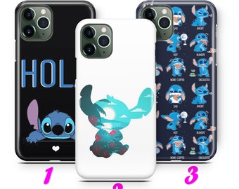 May include: Three different phone cases featuring Stitch from Lilo & Stitch. The first case is black with a white outline of Stitch peeking out from the bottom. The second case is white with a blue silhouette of Stitch in front of a sunset. The third case is blue with a repeating pattern of Stitch in different moods.