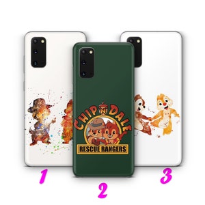 May include: Three phone cases with different designs featuring Chip and Dale Rescue Rangers. The first case has a watercolor design of Chip and Dale. The second case has a green background with a logo that says "Chip 'n Dale Rescue Rangers". The third case has a watercolor design of Chip and Dale.