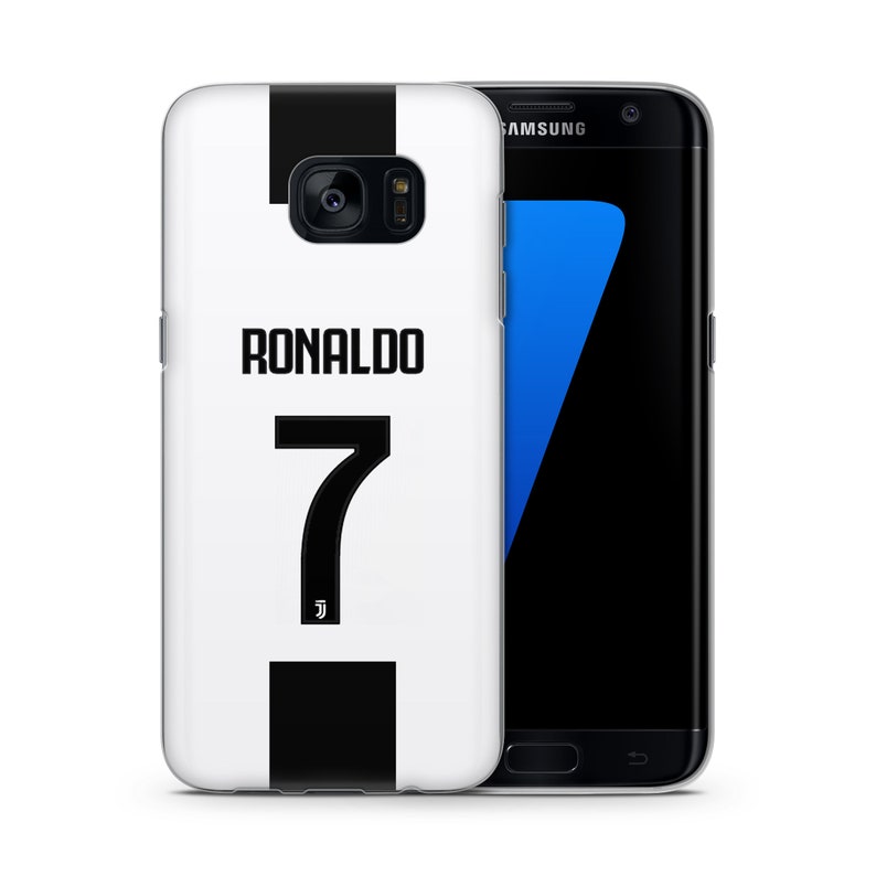 May include: A white and black phone case with a Juventus soccer jersey design. The case features the number 7 and the name Ronaldo.