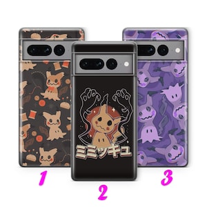 May include: Three phone cases with unique designs. Case 1 features a brown pattern with cartoon characters and sewing notions. Case 2 is black with a Mimikyu graphic and Japanese text. Case 3 has a purple pattern with cartoon characters.