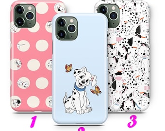 May include: Three different phone cases featuring Dalmatian dog designs. The first case is pink with white polka dots and a Dalmatian puppy in the corner. The second case is light blue with a single Dalmatian puppy in the center and two butterflies. The third case is white with a Dalmatian dog pattern.