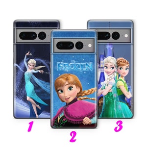 May include: Three phone cases featuring characters from the animated film Frozen. The first case features Elsa in a blue dress and cape. The second case features Anna in a pink dress and cape. The third case features Elsa and Anna standing in front of a castle.