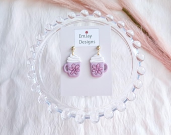 Latte-hangers met bloemen I Handgemaakte oorbellen van polymeerklei I Koffieoorbellen I Herfstsieraden Hypoallergeen