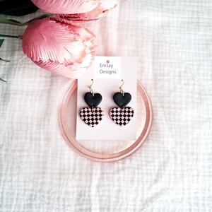 Pink and Black Checkered Tiered Polymer Clay Dangles