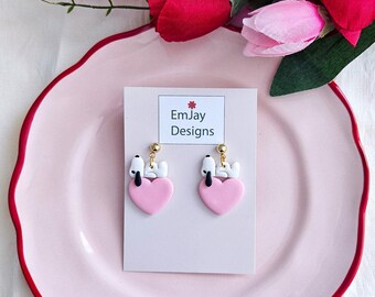 Dog on Heart Dangles I Polymer Clay Earrings I Valentine's Day I Animal Earrings I Dog Lover I Hypoallergenic