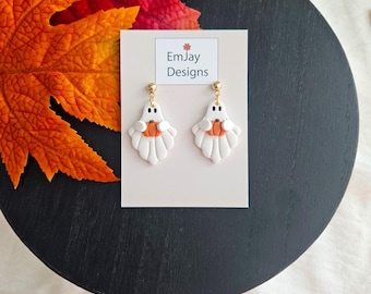 Pumpkin Ghost Dangles I Polymer Clay Earrings I Spooky I Cute Earrings I Handmade Halloween Earrings I Hypoallergenic