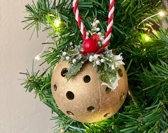 Pickleball Ornament  Gold with Poinsettia