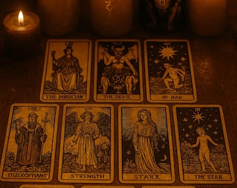 May include: A collection of tarot cards with illustrations and text, including "The Magician," "The Devil," and "The Star." Lit candles of varying sizes are arranged around the cards, creating a mystical ambiance.