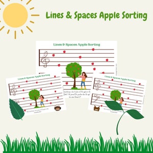 Puede incluir: Tres hojas de trabajo imprimibles para una actividad de educación musical. Las hojas de trabajo presentan una clave de sol y líneas y espacios con manzanas rojas sobre ellas. El título de las hojas de trabajo es "Lines & Spaces Apple Sorting".