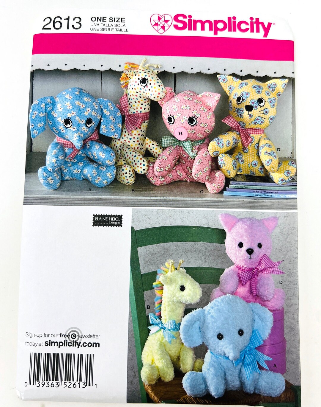 Simplicity Crafts 2613 Stuffed Elephant Pig Giraffe Cat Plush Pattern ...
