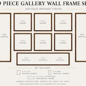 May include: A 9-piece gallery wall frame set with an antique bronze finish. The set includes six 11x11 square frames, two 24x8 vertical frames, and one 11x7 horizontal frame with three openings. The overall display size is approximately 68 inches wide by 36 inches high.