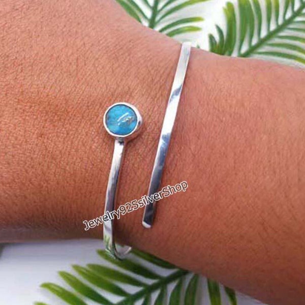 Turquoise 925 Sterling Silver Spiral Bangle, Gemstone Bangle, Spiral Bangles, Handmade Bangle, Round Stone, Wrap Bangle, Bangle Gift For Her