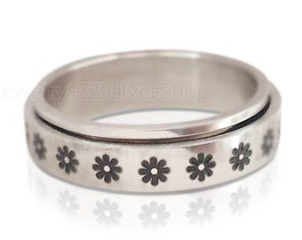 Flower Silver Ring, 925 Silver Ring, Spinner ring, Fidget Ring, Worry Ring, Anxiety Ring, Floral Spinner Ring, Wide Band Ring, Handmade Ring