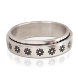 Anillo de plata de flores, anillo de plata 925, anillo spinner, anillo fidget, anillo de preocupación, anillo de ansiedad, anillo spinner floral, anillo de banda ancha, anillo hecho a mano imagen 1