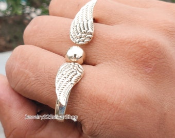 Angel Wings Ring, Feather Ring, 925 Sterling Silver Ring, Two Finger Feather Ring, Adjustable Ring, Stacking ring, Leaf Ring, Statement Ring