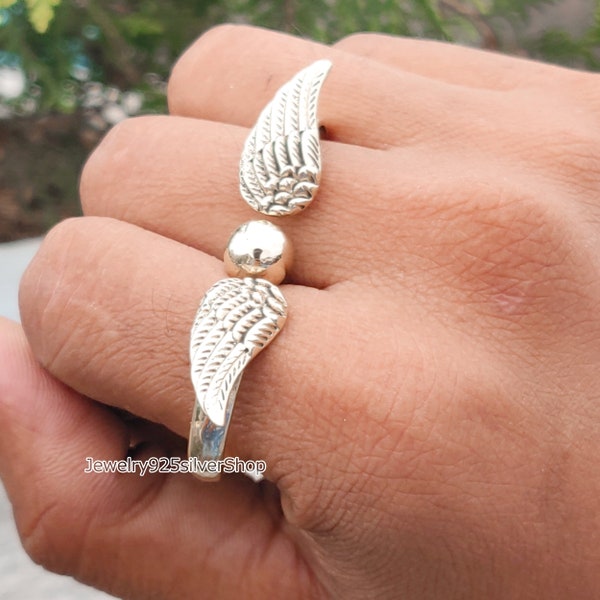 Angel Wings Ring, Feather Ring, 925 Sterling Silver Ring, Two Finger Feather Ring, Adjustable Ring, Stacking ring, Leaf Ring, Statement Ring