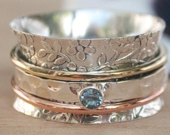 Blue Topaz, 925 Sterling Silver, Spinner Ring, Meditation Ring, Handmade Ring, Band Ring, Silver Ring, Hammered Ring Band Ring, code-234