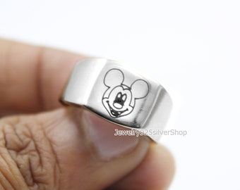 Mickey Mouse Ring, Disney Ring, 925 Sterling Silver, Wedding Band, Jewelry, Signet Ring, Men's Ring, Gift For Her