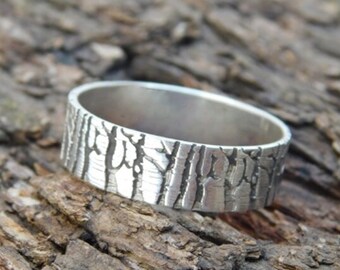 925 Sterling Silver Ring, Wedding Band, Forest Jewelry, Engraved Ring, Birch Tree Ring, Stocking Stuffer, Gift for Her, code-408