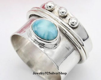 Larimar Gemstone, Oval Shape, 925 Sterling Silver, Spinner Ring, Handmade Ring, Meditation Ring, Band Ring, Dainty Rings, Handmade Jewelry