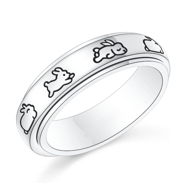 Rabbit Ring, 925 Sterling Silver Spinner Fidget Ring, Rings for Anxiety, Worry Ring, Relieving Ring, Boredom Ring, Band for Women Teens