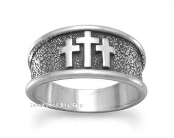 925 Sterling Silver Ring, Oxidized Ring, Three Cross Ring, Handmade Silver Band Ring