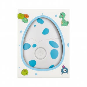 May include: White and blue egg-shaped device with blue spots, a power button, and a blue border, set in a white box. The box features cartoon dinosaurs and other illustrations. A fun, playful design.