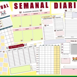 Puede incluir: Un conjunto de páginas de planificador imprimibles con temática de gatos. Las páginas incluyen un calendario mensual, un planificador semanal y un planificador diario. Las páginas están diseñadas en un esquema de color amarillo claro y rosa.